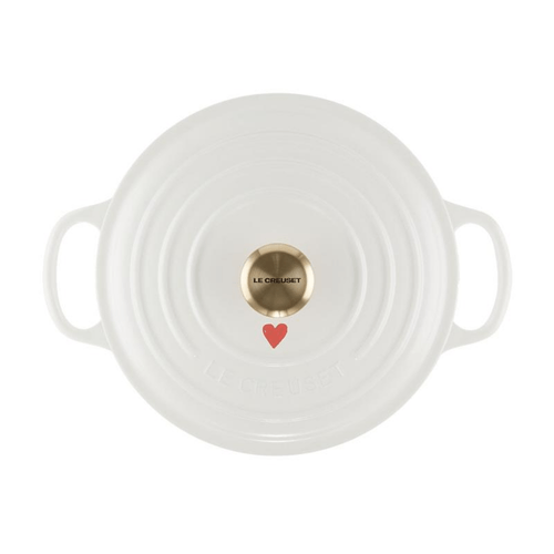 PANELA REDONDA SIGNATURE LE CREUSET 22CM BRANCO CORAÇÕES COM PEGADOR DOURADO 21177228451450