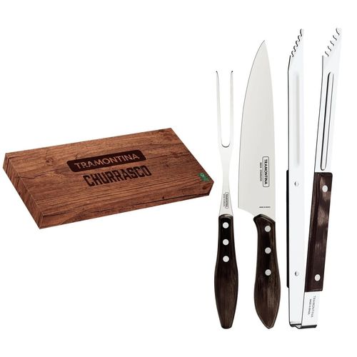 JOGO TRINCHANTE TRAMONTINA POLYWOOD 03 PEÇAS EM AÇO INOX COM CABO DE MADEIRA CASTANHO 29899/265