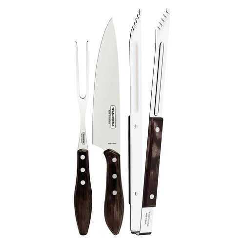 JOGO TRINCHANTE TRAMONTINA POLYWOOD 03 PEÇAS EM AÇO INOX COM CABO DE MADEIRA CASTANHO 29899/265