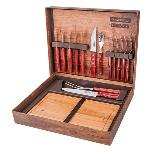 KIT TRAMONTINA CHURRASCO POLYWOOD 15 PEÇAS EM AÇO INOX E CABO DE MADEIRA VERMELHO 21198/770