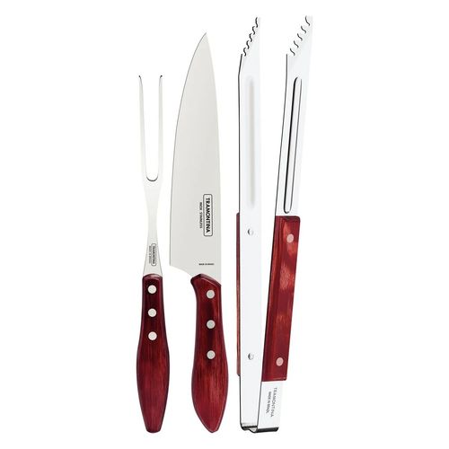 JOGO TRINCHANTE TRAMONTINA POLYWOOD 03 PEÇAS EM AÇO INOX COM CABO DE MADEIRA VERMELHO 29899/264