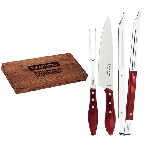 JOGO TRINCHANTE TRAMONTINA POLYWOOD 03 PEÇAS EM AÇO INOX COM CABO DE MADEIRA VERMELHO 29899/264