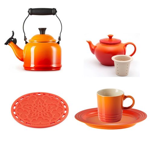 KIT LE CREUSET CHALEIRA, BULE, CANECA, PRATOS E SUPORTE LARANJA