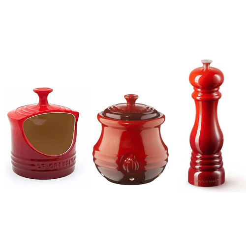 KIT LE CREUSET POTE DE ALHO, PORTA SAL E MOEDOR DE PIMENTA VERMELHO