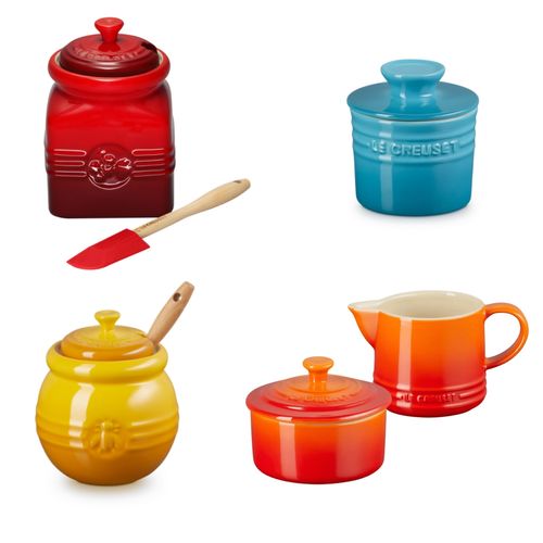 KIT LE CREUSET CONJUNTO CREME E AÇÚCAR LARANJA POTES DE GELÉIA VERMELHO, MEL AMARELO NÉCTAR, MANTEIGA