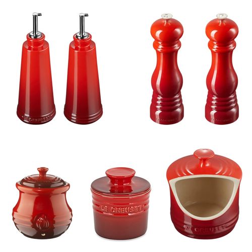 KIT LE CREUSET GALHETEIROS SIGNATURE PORTA ALHO, SAL, MANTEIGA MOEDORES DE SAL E PIMENTA VERMELHO