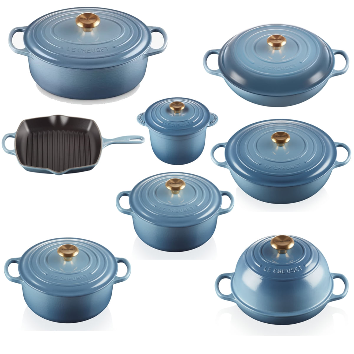 KIT LE CREUSET 8 PEÇAS PANELAS EM FERRO ESMALTADO AZUL CHAMBRAY