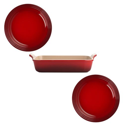 KIT LE CREUSET 2 PRATOS RASOS 22CM E TRAVESSA HERITAGE 32CM