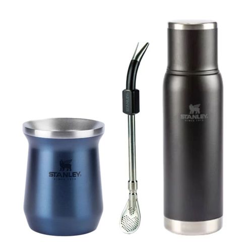KIT STANLEY CUIA TÉRMICA 236ML AZUL BOMBA COM MOLA AJUSTÁVEL E GARRAFA TÉRMICA 1L PRETO