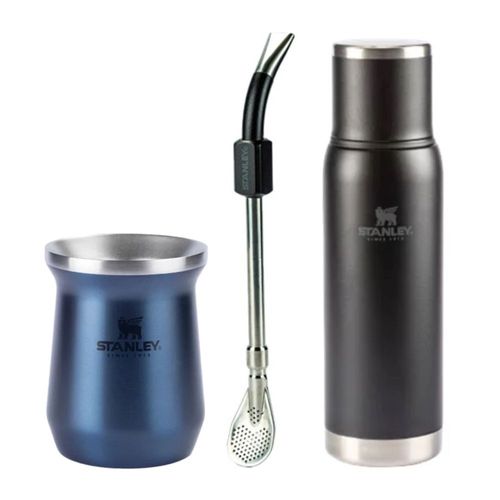 KIT STANLEY CUIA TÉRMICA 236ML AZUL NIGHTFALLBOMBA COLHER PARA MATTE E GARRAFA TÉRMICA 1L  BLACK MATTE