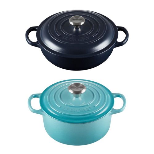 KIT LE CREUSET PANELA ENSOPADO NAVY E REDONDA CARIBE EM FERRO FUNDIDO 22CM
