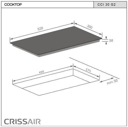 COOKTOP CRISSAIR DE INDUÇÃO TOUCH 2 ZONAS DE COCÇÃO VIDROCERÂMICO PRETO 220V 30X52CM CCI30