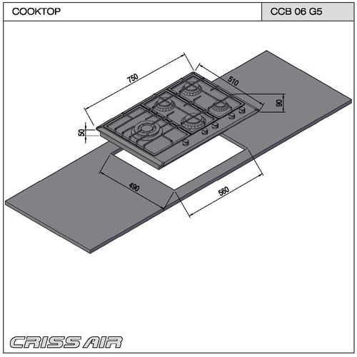 COOKTOP CRISSAIR A GÁS 5 QUEIMADORES EM AÇO INOX 75x51CM BIVOLT CCB06G5