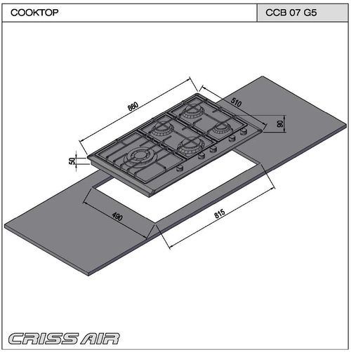 COOKTOP CRISSAIR A GÁS 5 QUEIMADORES EM AÇO INOX 86x51CM BIVOLT CCB07G5