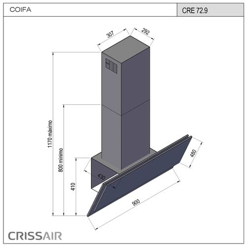 COIFA CRISSAIR DE PAREDE ELETRÔNICO CRISTAL PRETO 90X41CM 127V CRE729