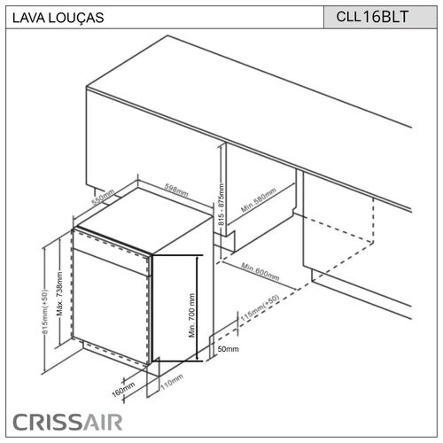 LAVA LOUÇAS CRISSAIR DE EMBUTIR/REVESTIR 16 SERVIÇOS 2 ZONAS DE LAVAGEM 16 SERVIÇOS 220V CLL16BLT