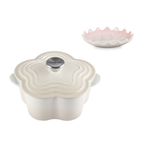 KIT LE CREUSET PANELA FLOR 20CM MERINGUE E DESCANSO SUNFLOWER P/ COLHER SHELL PINK