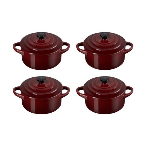 KIT LE CREUSET 4 MINI COCOTTE EM CERAMICA 250ML COM PUXADOR PRETO VERMELHO RHONE