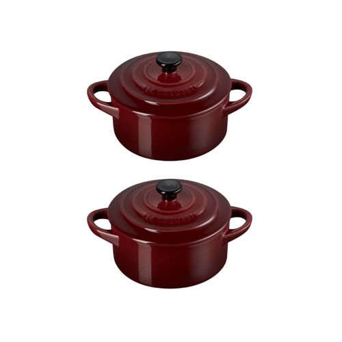 KIT LE CREUSET 2 MINI COCOTTE EM CERAMICA 250ML COM PUXADOR PRETO VERMELHO RHONE