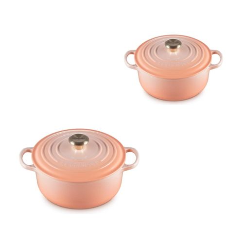 KIT LE CREUSET 2 PANELAS REDONDAS 20 E 24CM EM FERRO FUNDIDO PESSEGO PECHE
