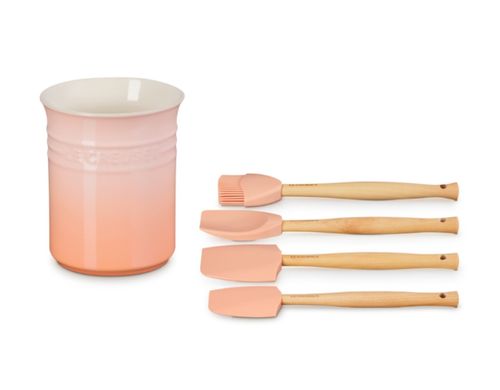 CONJUNTO LE CREUSET 4 ESPÁTULAS E PORTA UTENSÍLIOS CLÁSSICO PESSEGO PECHE 79003004230000