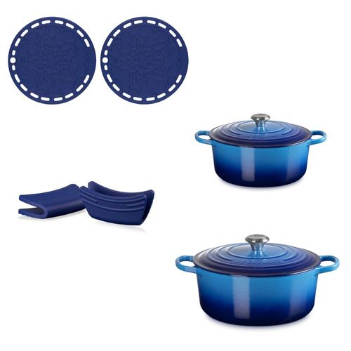 KIT LE CREUSET PANELA 20CM E 24CM 2 SUPORTES FRENCH E 2 PEGADORES DE ALÇAS EM SILICONE AZURE BLUE