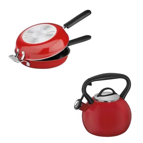 KIT CUISINART FRIGIDEIRA DUPLA ANTIADERENTE 25CM E CHALEIRA AURA ESMALTE 2 LITROS EM PORCELANA VERMELHO