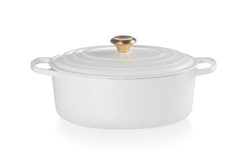 PANELA LE CREUSET OVAL SIGNATURE PEGADOR DOURADO FERRO ESMALTADO 31CM BRANCO 21178310101441