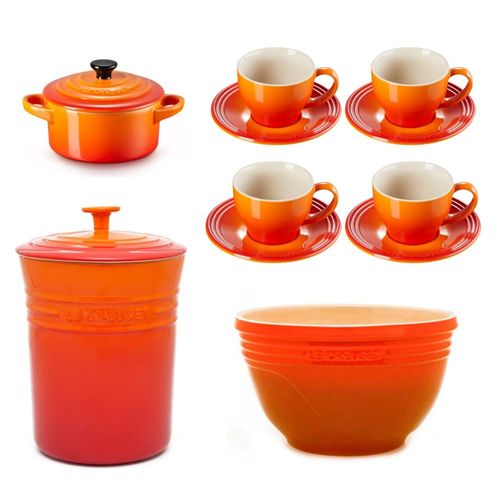 KIT LE CREUSET 4 XÍCARAS COM PIRES 200ML, PORTA MANTIMENTOS 3,3L, MINI COCOTTE 250ML E BOWL 24CM LARANJA