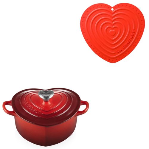 KIT LE CREUSET PANELA CORAÇÃO 20CM E SUPORTE SILICONE CORAÇÃO 20CM VERMELHO