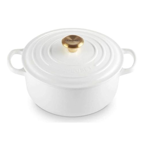 PANELA LE CREUSET REDONDA SIGNATURE PUXADOR DOURADO FERRO ESMALTADO 26CM BRANCO 21177260101441