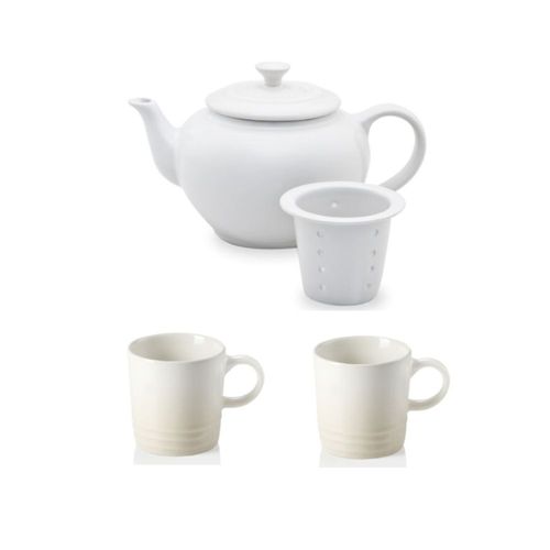 KIT LE CREUSET BULE 600ML C/ INFUSOR BRANCO E 2 CANECAS 100ML