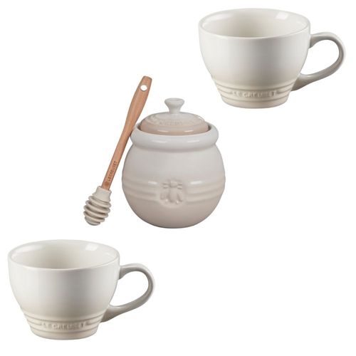 KIT LE CREUSET 2 CANECAS BISTRO 400ML E POTE DE MEL EM CERÂMICA MERINGUE