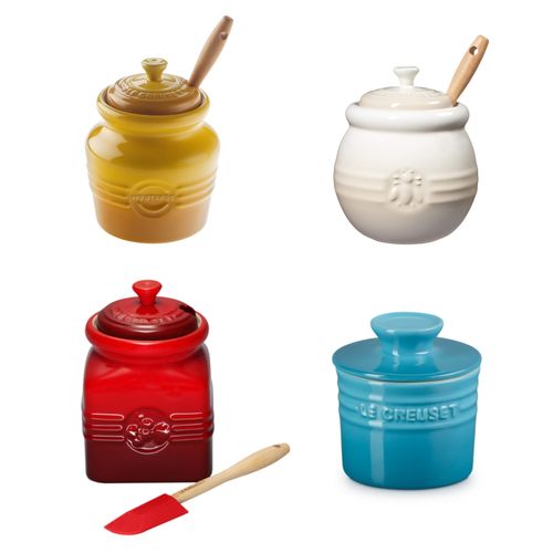 KIT LE CREUSET COLORIDO POTE MOSTARDA, GELÉIA, MEL MERINGUE, MANTEIGA