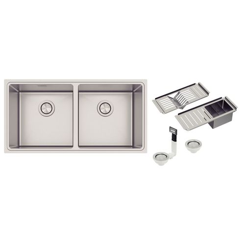 CUBA DUPLA TRAMONTINA DESIGN COLLECTION QUADRUM ACETINADO EM AÇO INOX C/ ACESSÓRIOS 40 94008/183
