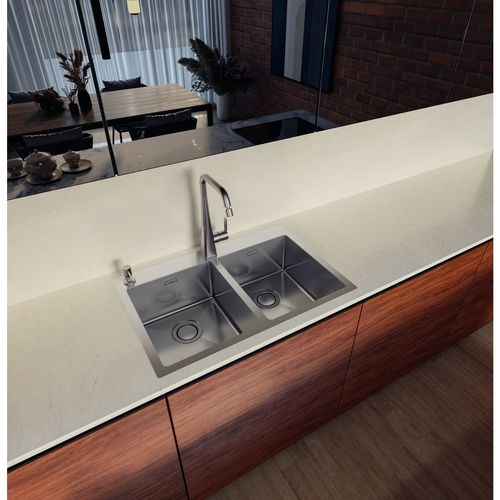 CUBA TRAMONTINA DE SOBREPOR DESIGN COLLECTION QUADRUM FLUSH 2 CUBAS EM AÇO INOX COM ACABAMENTO ACETINADO 77CM 93914/123