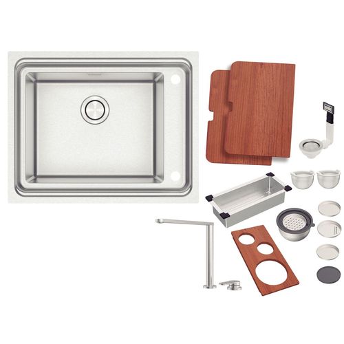 CUBA DE SOBREPOR TRAMONTINA WORKSTATION QUADRUM DEEP 50 EM INOX COM ACESSÓRIOS 93913/113