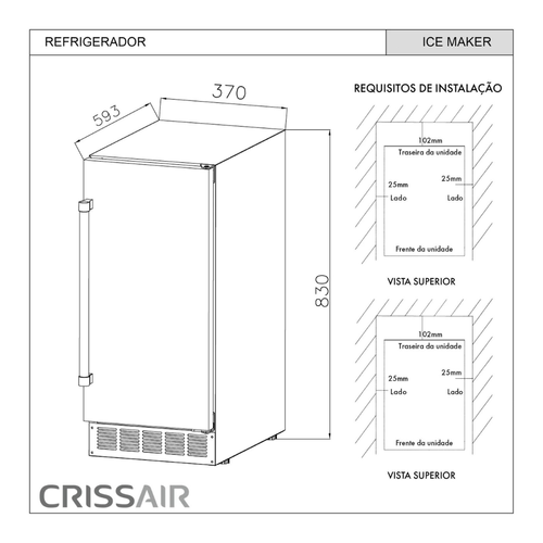MÁQUINA DE GELO CRISSAIR ICE MAKER DE EMBUTIR 30KG EM AÇO INOX 220V BLT30