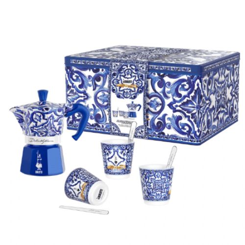 CONJUNTO BIALETTI DOLCE & GABBANA MOKA CAFETEIRA EXPRESS COM 3 XÍCARAS DE PORCELANA AZUL MEDITERRANEO 10350502