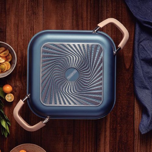 CONJUNTO 6 PEÇAS TRAMONTINA LYON FORMA CAÇAROLA GRELHA ALUMÍNIO FORJADO ANTIADERENTE AZUL ELEMENTAR ALÇA BEGE 20998/853