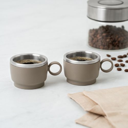 CONJUNTO 2 PEÇAS TRAMONTINA 2 XÍCARAS PARA CAFÉ EMPILHAVEL 80ML ALÇA REDONDA EM AÇO INOX CINZA 64760/328