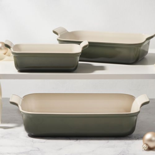 CONJUNTO 3 PEÇAS LE CREUSET DE TRAVESSAS RETANGULARES HERITAGE EM CERÂMICA THYME 79342001730082