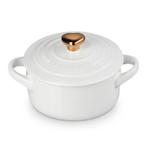 MINI COCOTTE LE CREUSET 250ML 10CM PUXADOR CORAÇÃO DOURADO EM CERÂMICA BRANCO 81901100100303