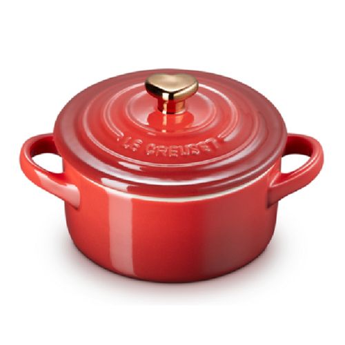 MINI COCOTTE LE CREUSET 250ML 10CM PUXADOR CORAÇÃO DOURADO EM CERÂMICA VERMELHO 81901100600303