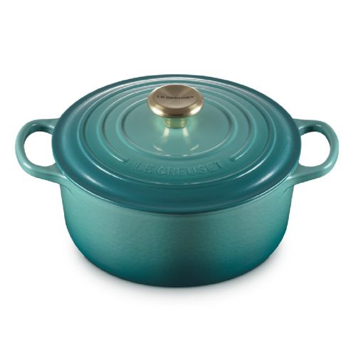 PANELA REDONDA LE CREUSET SIGNATURE 20CM PUXADOR DOURADO EM FERRO FUNDIDO BLEU RIVIERA 21177200994450